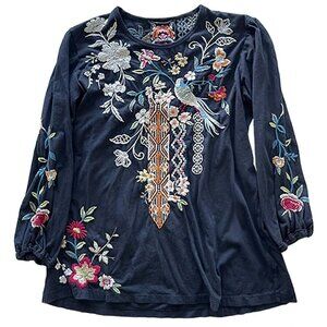 Johnny Was Ellia Black Puff Shirt Blouse Floral Long Cotton Embroidery Top NEW